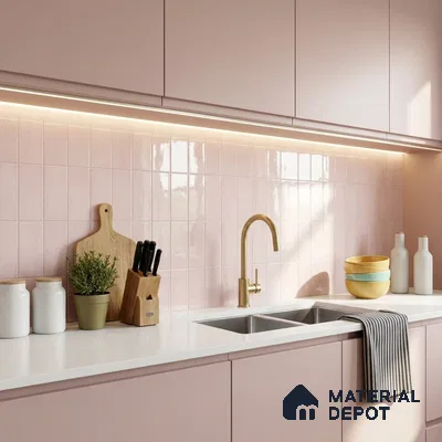 Modern Kitchen with Dusty Rose Pink Glossy Stacked Tile and Brass Faucet