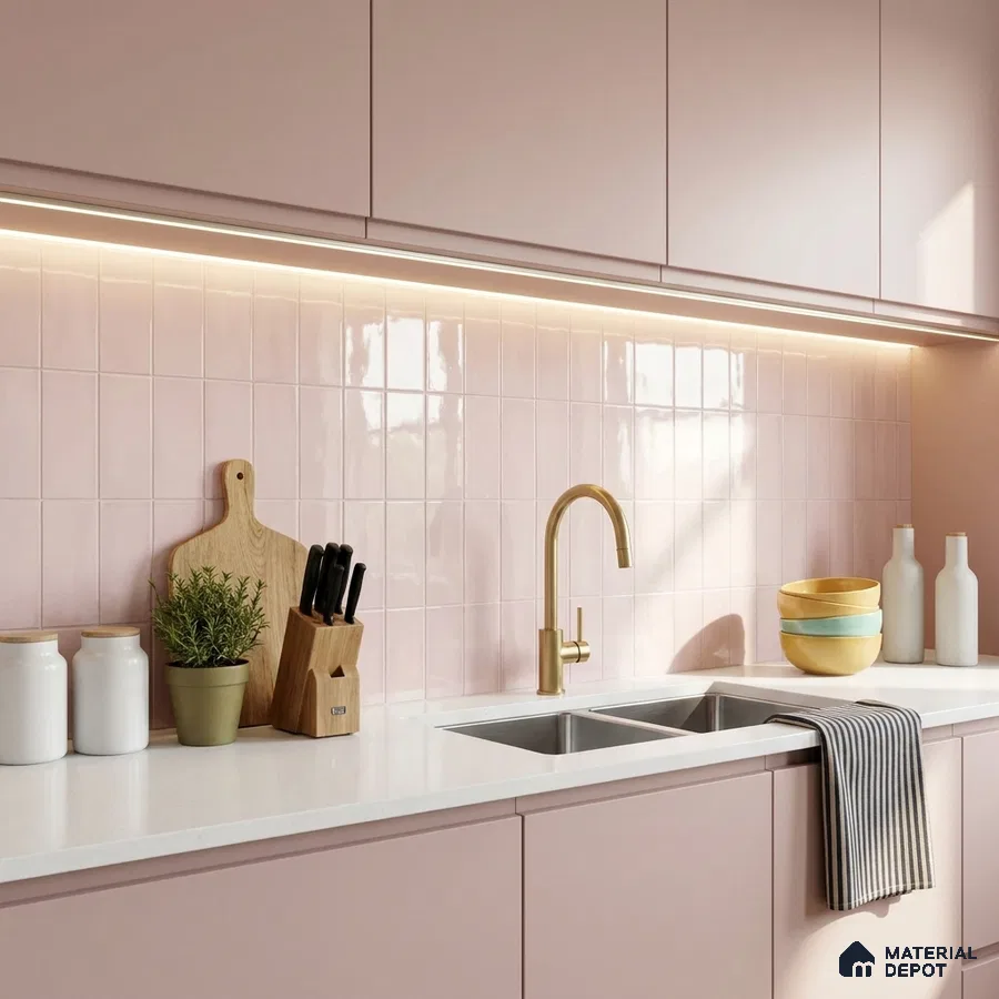 Modern Kitchen with Dusty Rose Pink Glossy Stacked Tile and Brass Faucet