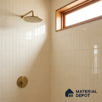 Modern Bathroom with Glossy Cream Stacked Tile and Brass Fixtures