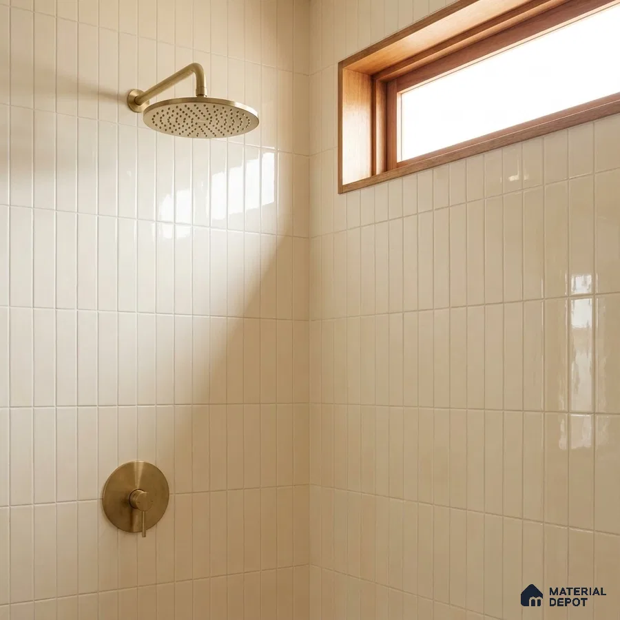 Modern Bathroom with Glossy Cream Stacked Tile and Brass Fixtures