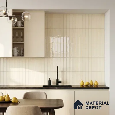Modern Kitchen with Glossy Cream Stacked Tile and Black Faucet