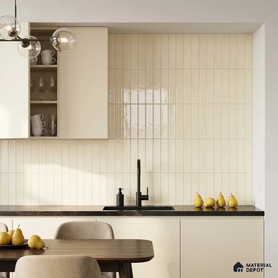 Modern Kitchen with Glossy Cream Stacked Tile and Black Faucet