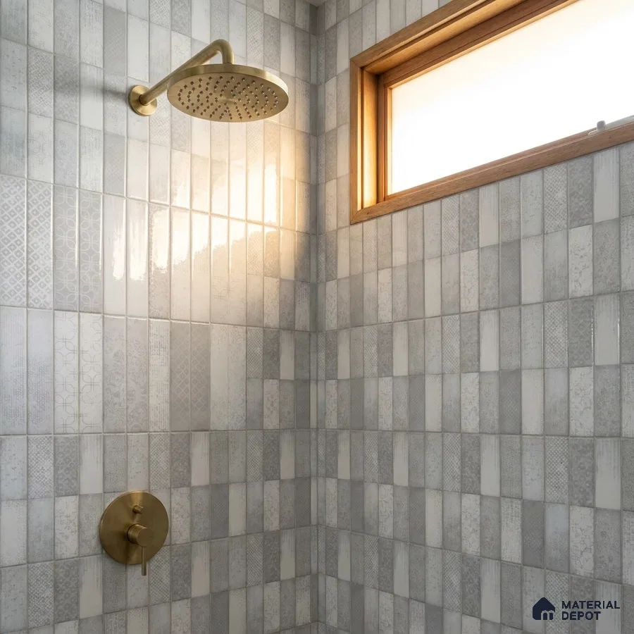 Modern Bathroom with Light Grey Patterned Stacked Tile and Brass Fixtures