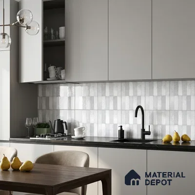 Modern Kitchen with Light Grey Patterned Stacked Tile Backsplash