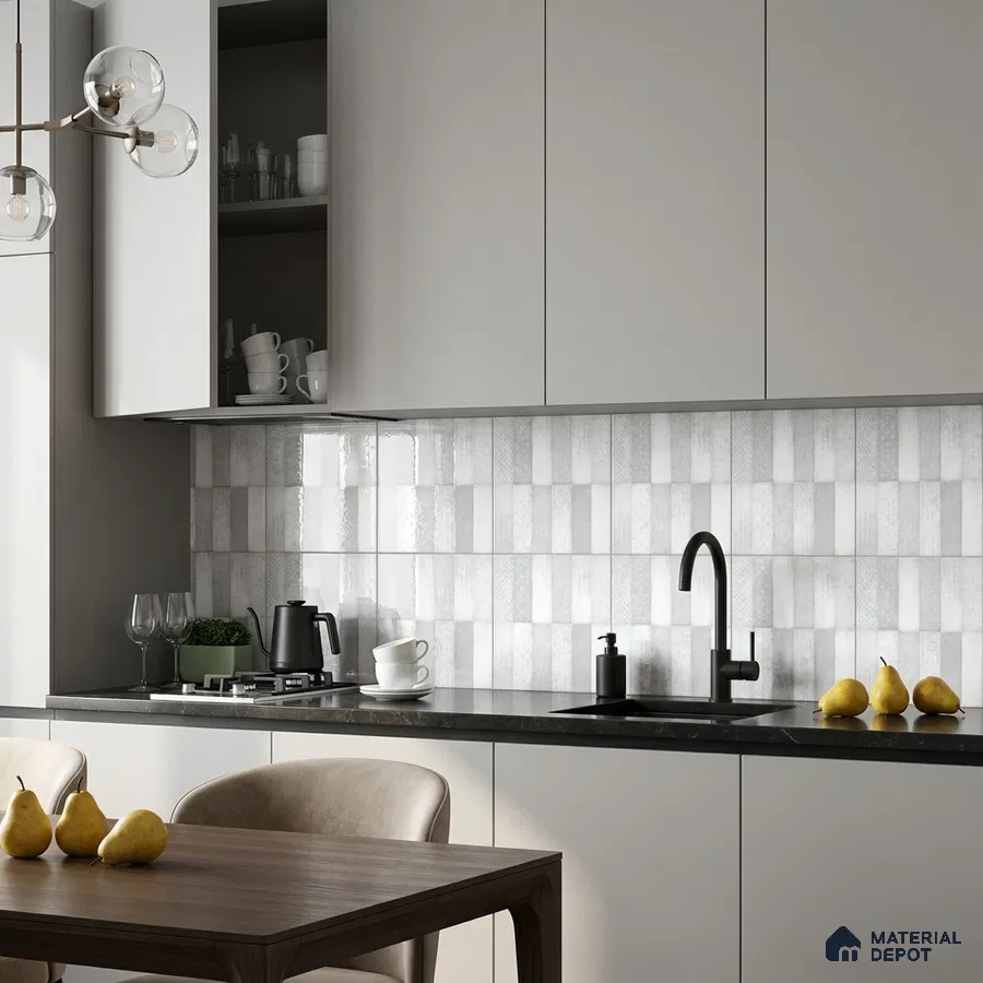 Modern Kitchen with Light Grey Patterned Stacked Tile Backsplash