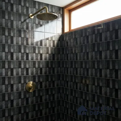 Modern Bathroom with Charcoal Patterned Stacked Tile and Brass Fixtures