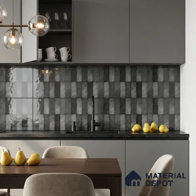 Modern Kitchen with Charcoal Patterned Stacked Tile Backsplash