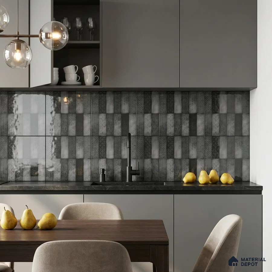 Modern Kitchen with Charcoal Patterned Stacked Tile Backsplash