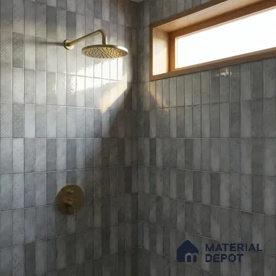 Modern Bathroom with Slate Grey Patterned Stacked Tile and Brass Fixtures