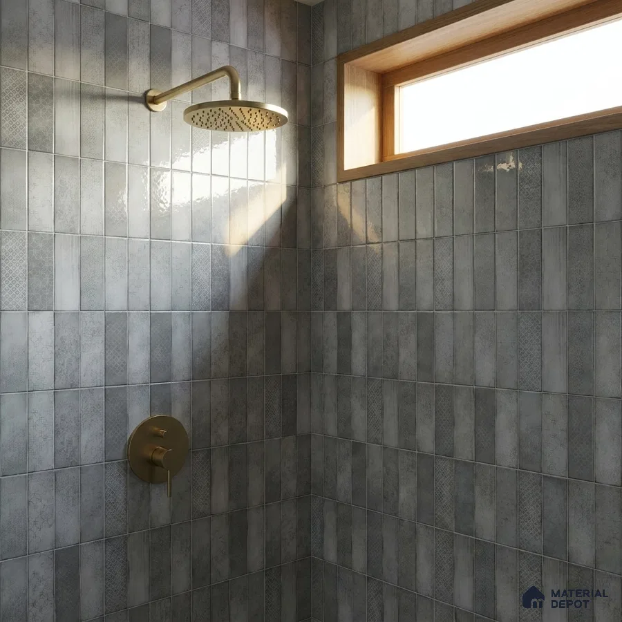 Modern Bathroom with Slate Grey Patterned Stacked Tile and Brass Fixtures