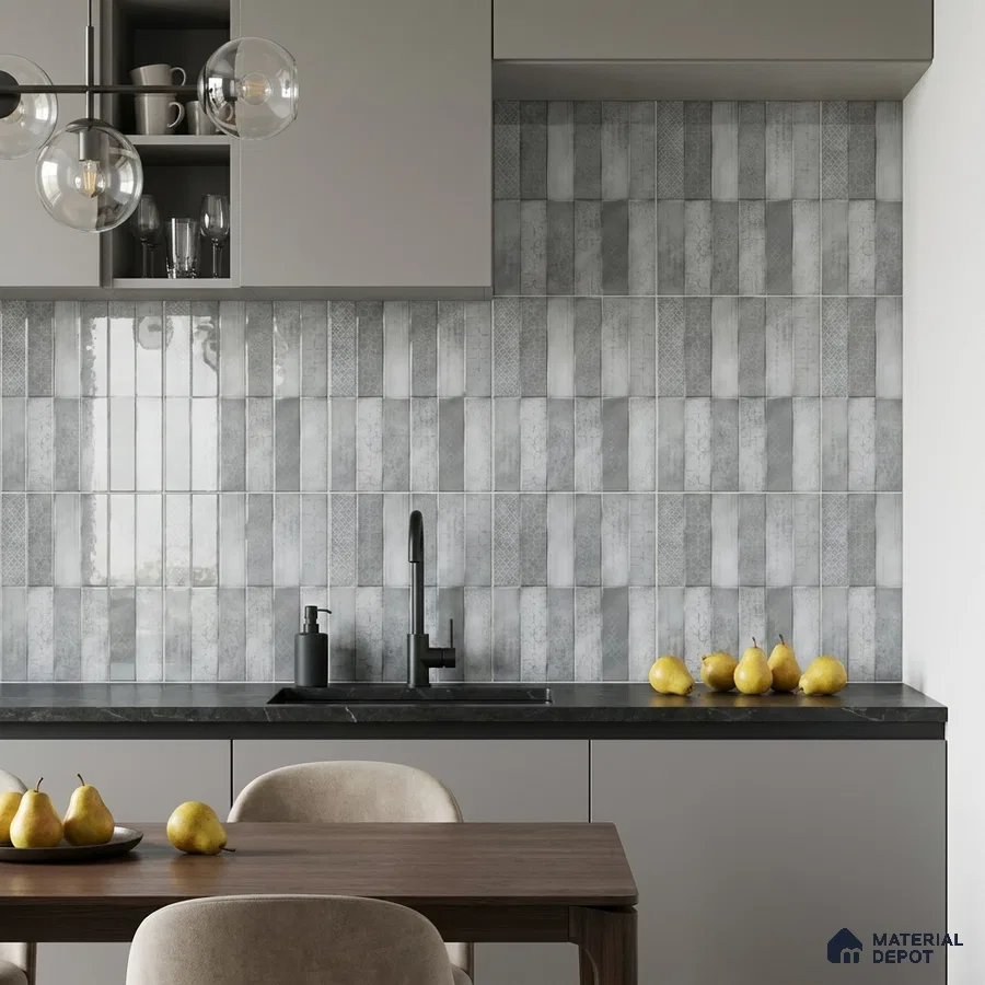 Modern Kitchen with Slate Grey Patterned Stacked Tile Backsplash