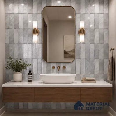 Modern Bathroom with Light Grey Patterned Stacked Tile and Floating Wood Vanity