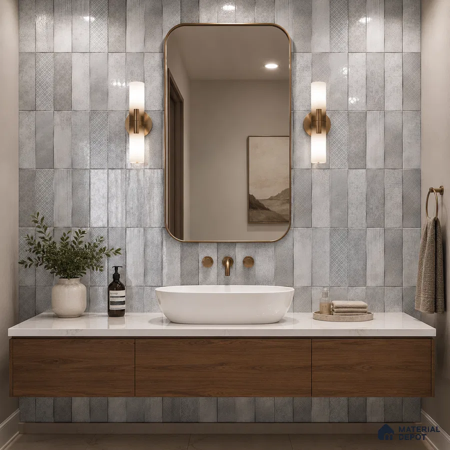 Modern Bathroom with Light Grey Patterned Stacked Tile and Floating Wood Vanity