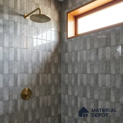 Modern Bathroom with Slate Grey Patterned Stacked Tile and Brass Fixtures