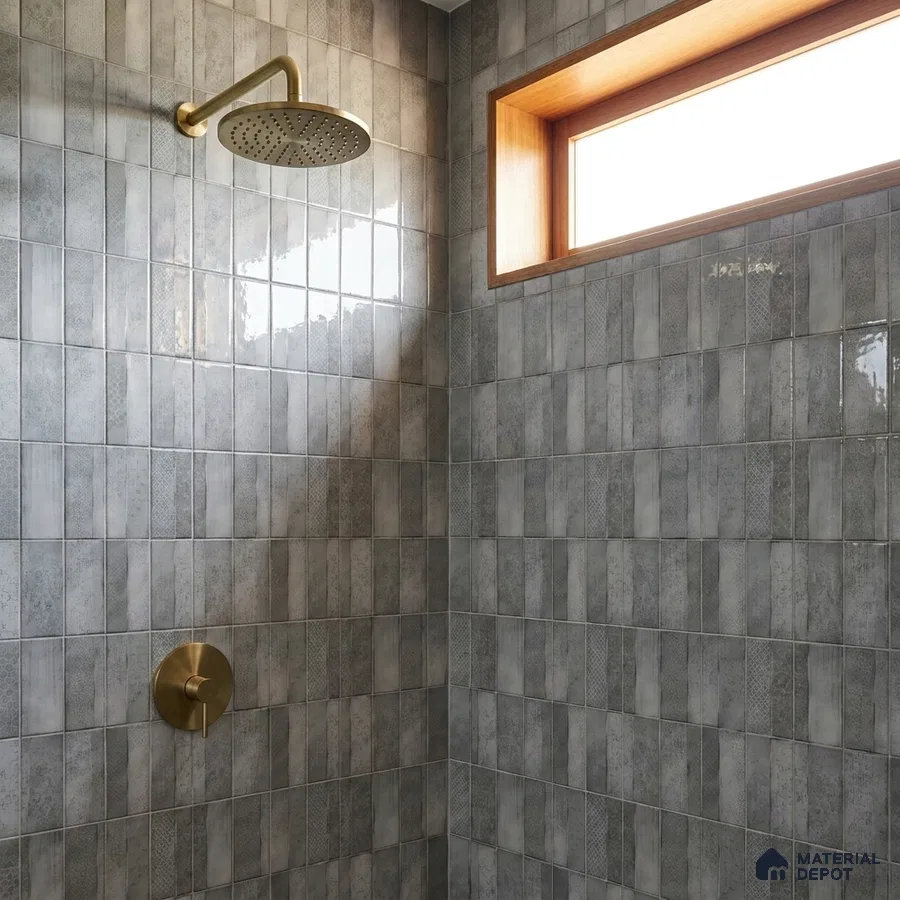 Modern Bathroom with Slate Grey Patterned Stacked Tile and Brass Fixtures