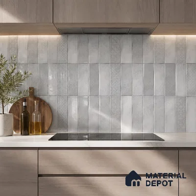 Modern Kitchen with Light Grey Patterned Stacked Tile Backsplash