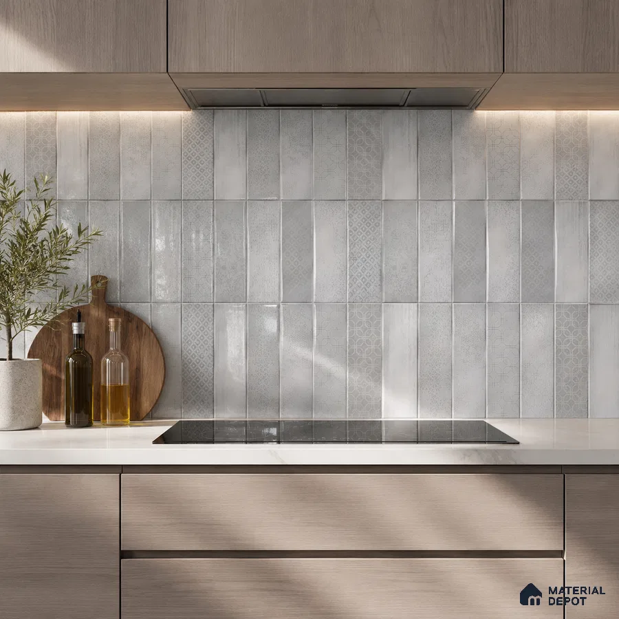 Modern Kitchen with Light Grey Patterned Stacked Tile Backsplash