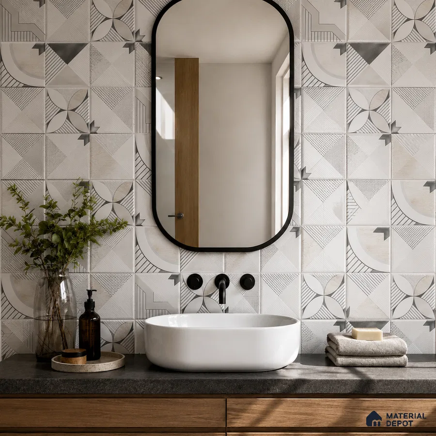 Modern bathroom with geometric patterned wall tiles and dark stone countertop