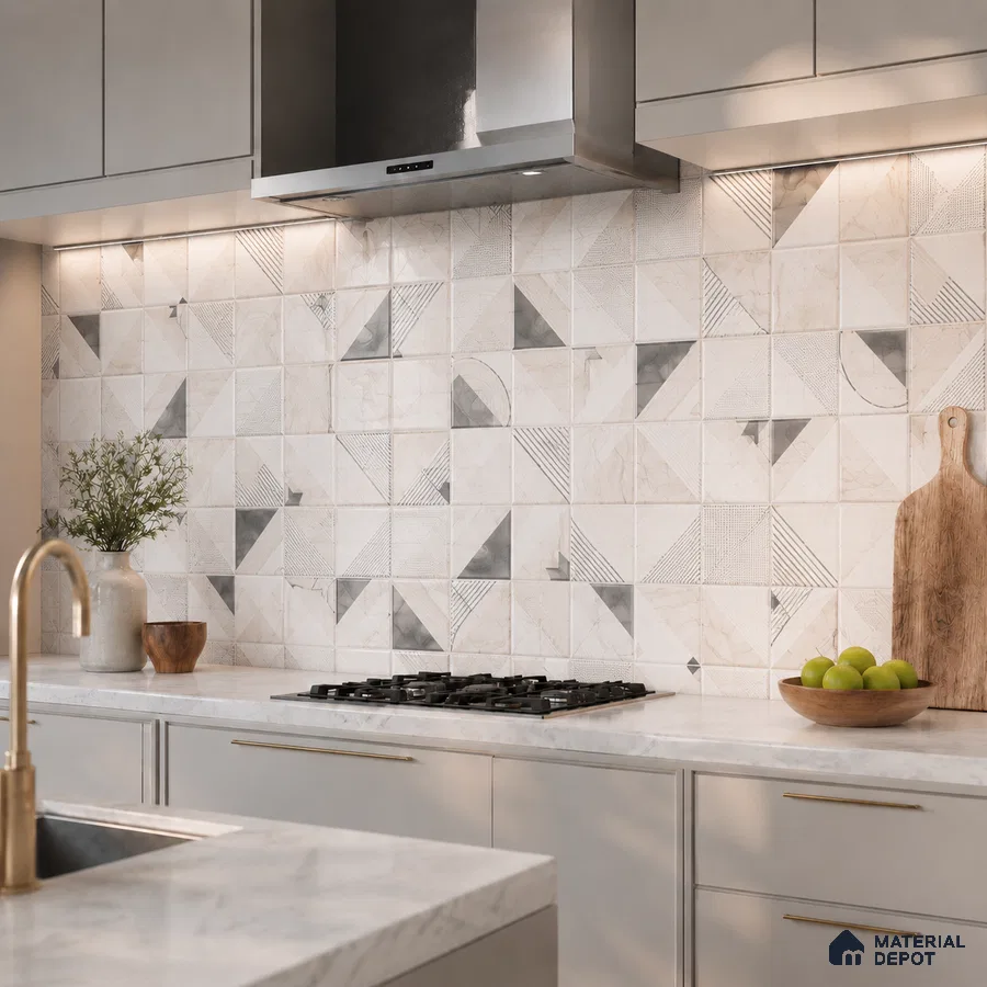 Modern kitchen with geometric patterned backsplash tiles and white marble countertop