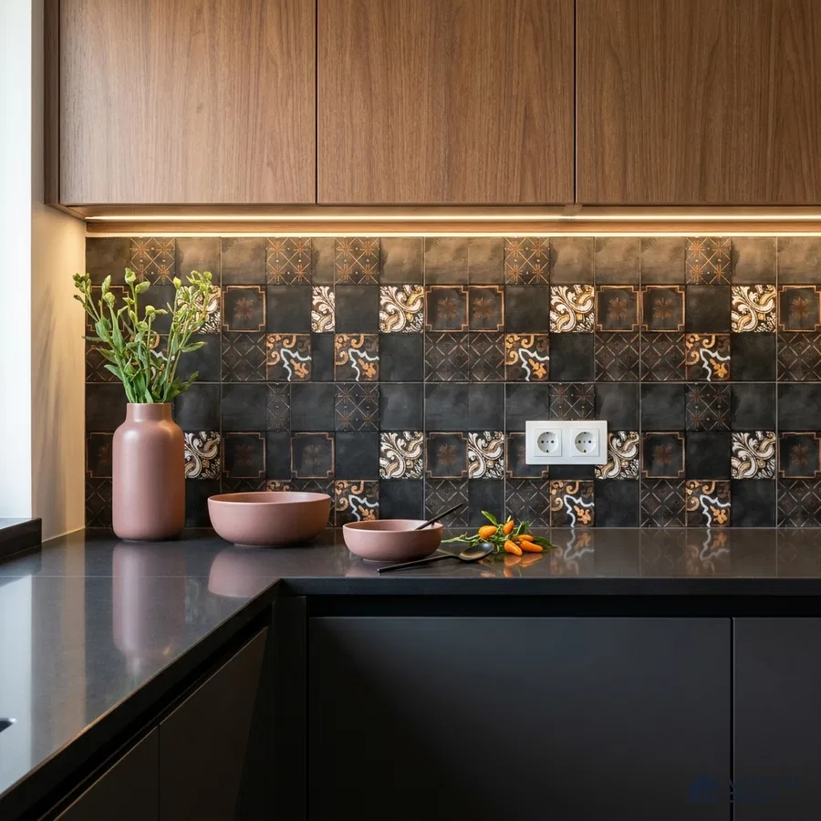 Modern kitchen with walnut laminate cabinets, black quartz countertop, and patterned black and brown backsplash tiles