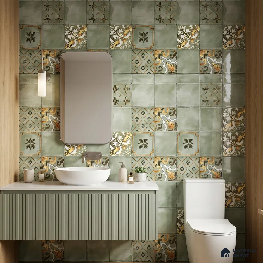 Eclectic bathroom with sage green patterned wall tiles and fluted vanity laminate