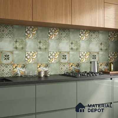 Modern kitchen with sage green laminate cabinets, oak wood laminate shutters, and patterned green moroccan backsplash tiles