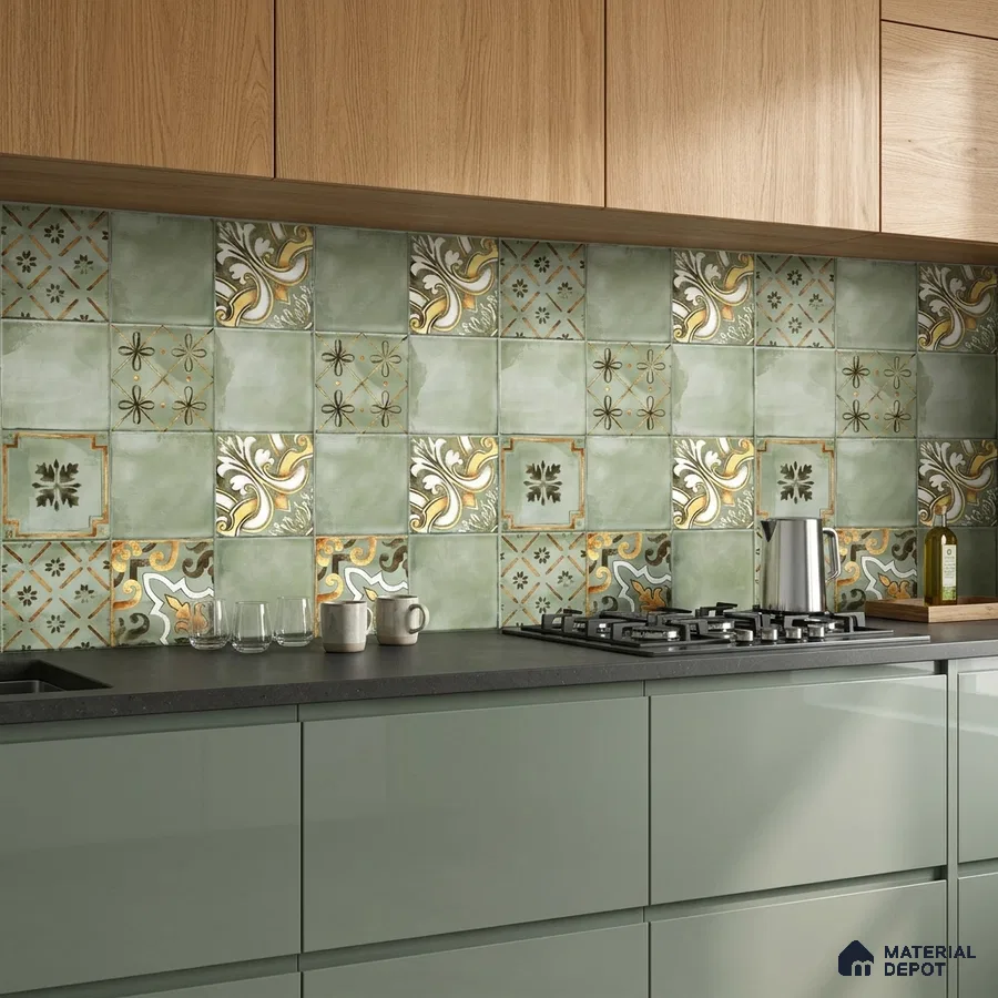 Modern kitchen with sage green laminate cabinets, oak wood laminate shutters, and patterned green moroccan backsplash tiles