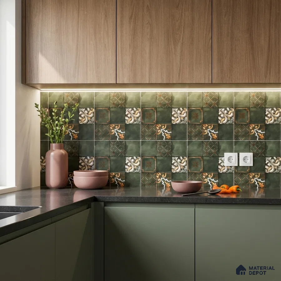 Modern kitchen with olive green patterned backsplash tiles and wood grain laminate cabinets