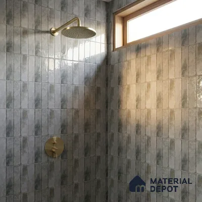 Modern Bathroom with Blue Grey Glossy Stacked Tile and Brass Fixtures