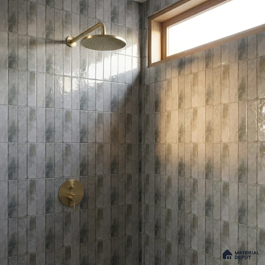 Modern Bathroom with Blue Grey Glossy Stacked Tile and Brass Fixtures
