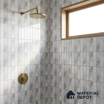 Modern Bathroom with Frosty White Glossy Stacked Tile and Brass Fixtures