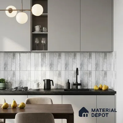 Modern Kitchen with Frosty White Glossy Stacked Tile Backsplash