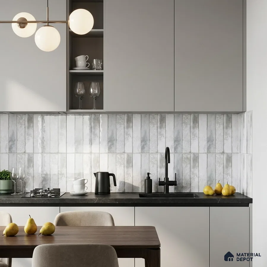Modern Kitchen with Frosty White Glossy Stacked Tile Backsplash