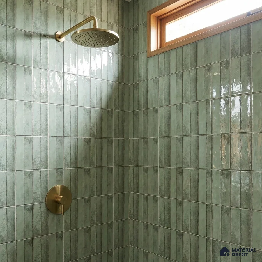 Modern Bathroom with Sage Green Glossy Stacked Tile and Brass Fixtures
