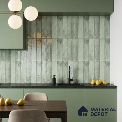 Modern Kitchen with Sage Green Glossy Stacked Tile Backsplash