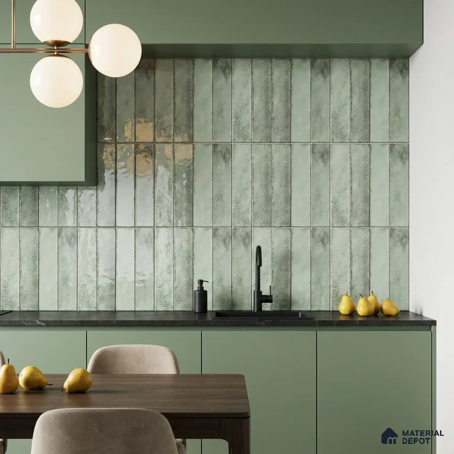 Modern Kitchen with Sage Green Glossy Stacked Tile Backsplash