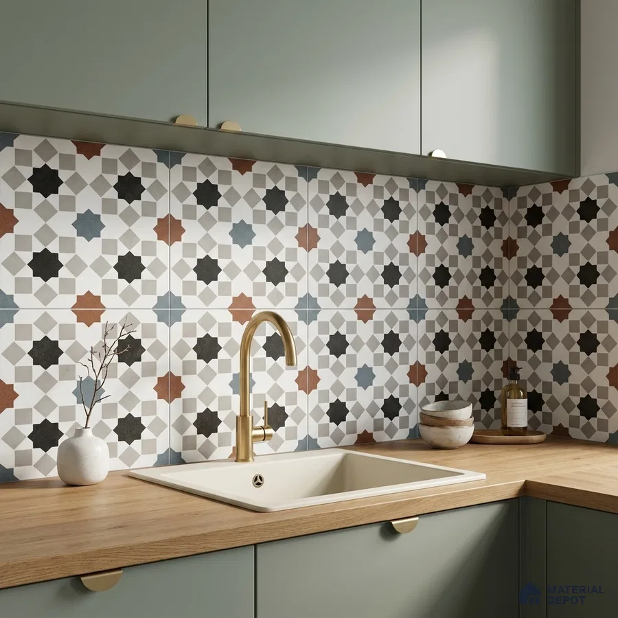 Modern kitchen with sage green laminate cabinets, patterned moroccan backsplash tiles, and wood countertop