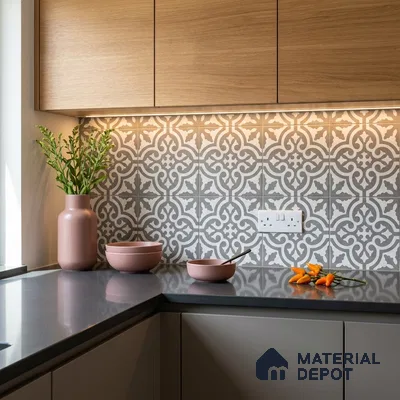 Modern kitchen with oak wood laminate cabinets, grey quartz countertop, and grey patterned moroccan backsplash tiles