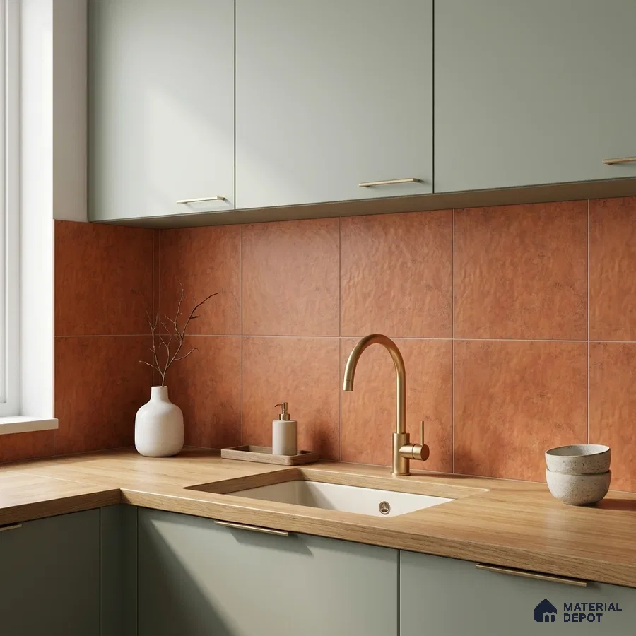 Scandinavian kitchen with sage green laminate cabinets, terracotta wall tiles, and light oak countertop