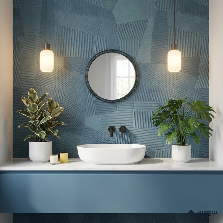 Modern bathroom with blue geometric textured wall tile and matte blue vanity