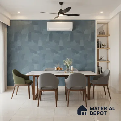Modern dining room with geometric blue wallpaper, marble top dining table, and beige floor tiles