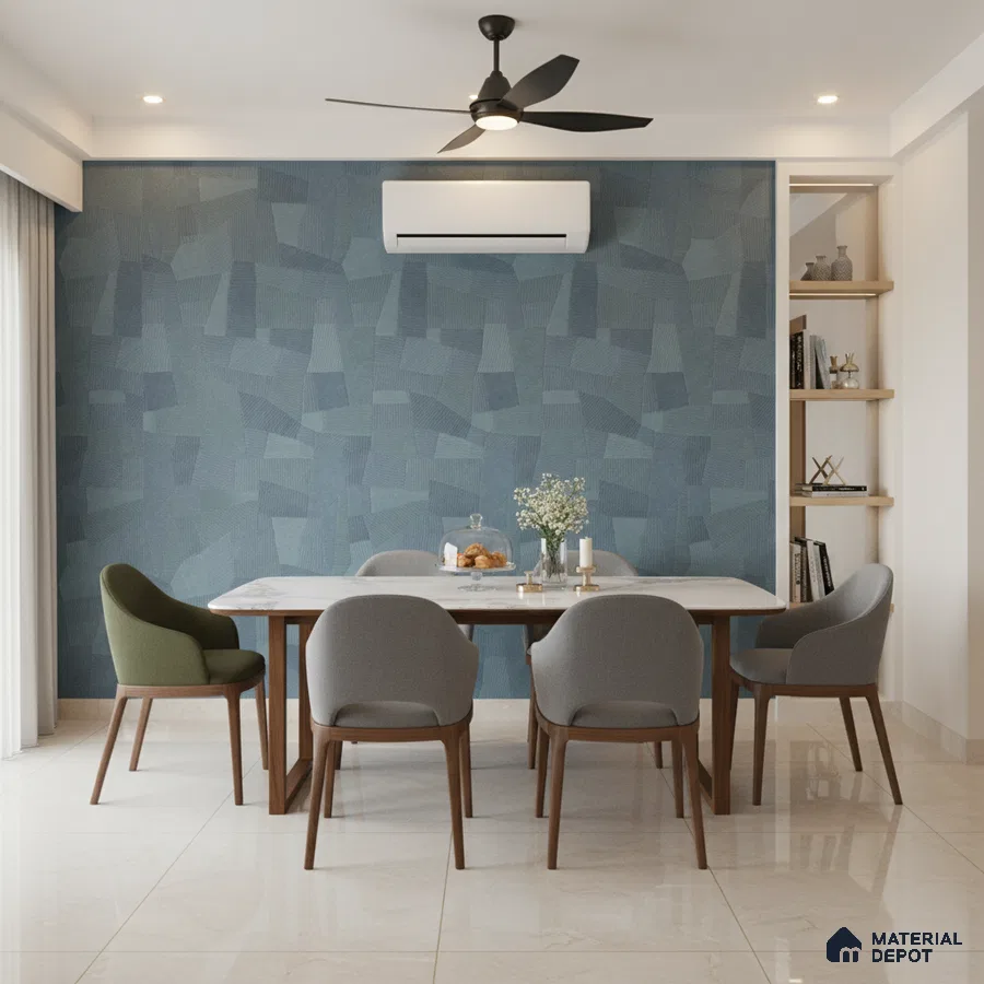 Modern dining room with geometric blue wallpaper, marble top dining table, and beige floor tiles