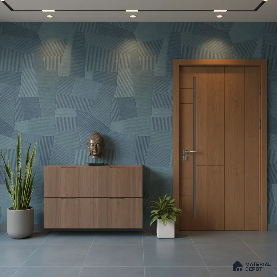 Modern foyer with geometric blue wallpaper, walnut wood laminate console, and grey floor tiles