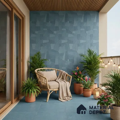 Scandinavian balcony with blue geometric wall tiles, matte blue floor tiles, and wooden ceiling louvers