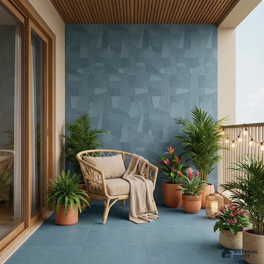 Scandinavian balcony with blue geometric wall tiles, matte blue floor tiles, and wooden ceiling louvers