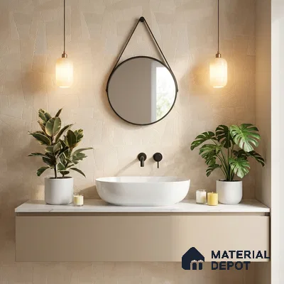 Minimalist bathroom with beige geometric textured wallpaper and floating vanity with white countertop