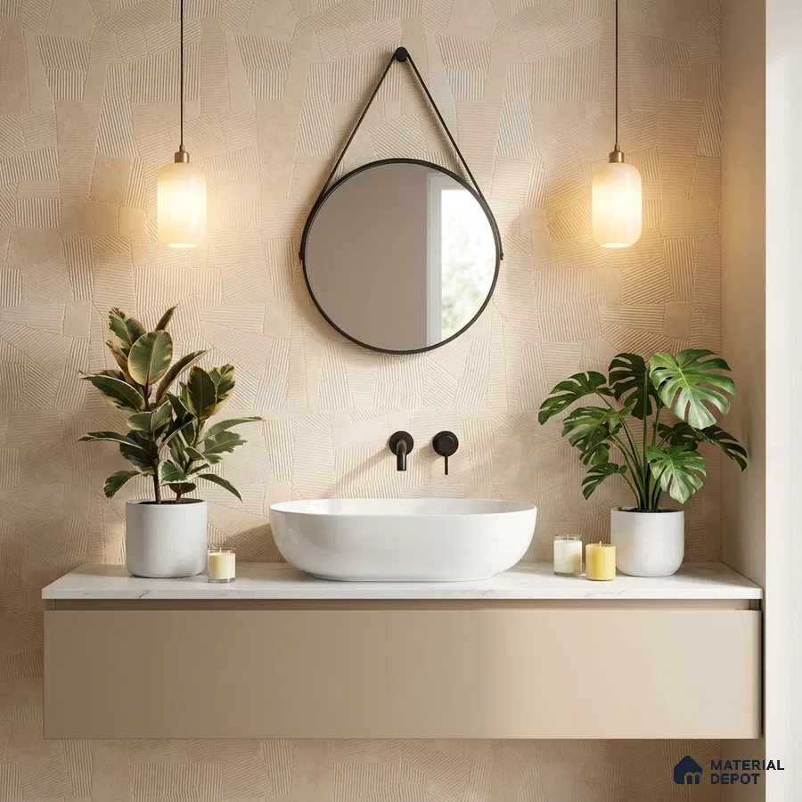Minimalist bathroom with beige geometric textured wallpaper and floating vanity with white countertop