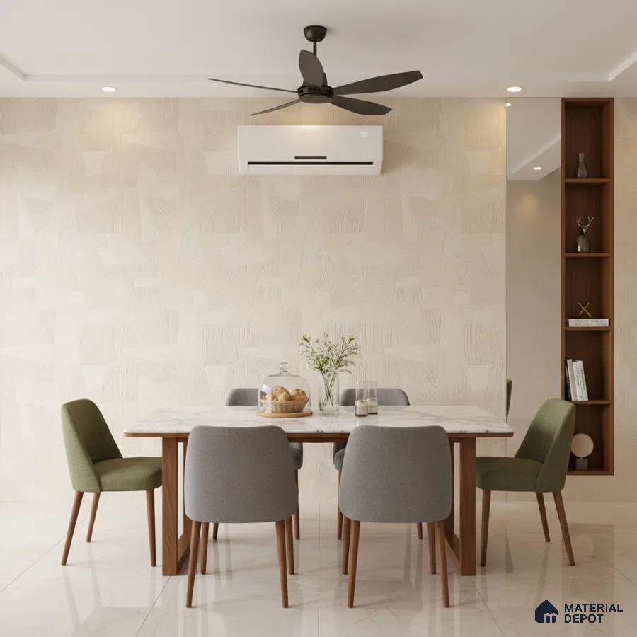 Scandinavian dining room with beige textured wallpaper, marble top dining table, and wooden legs