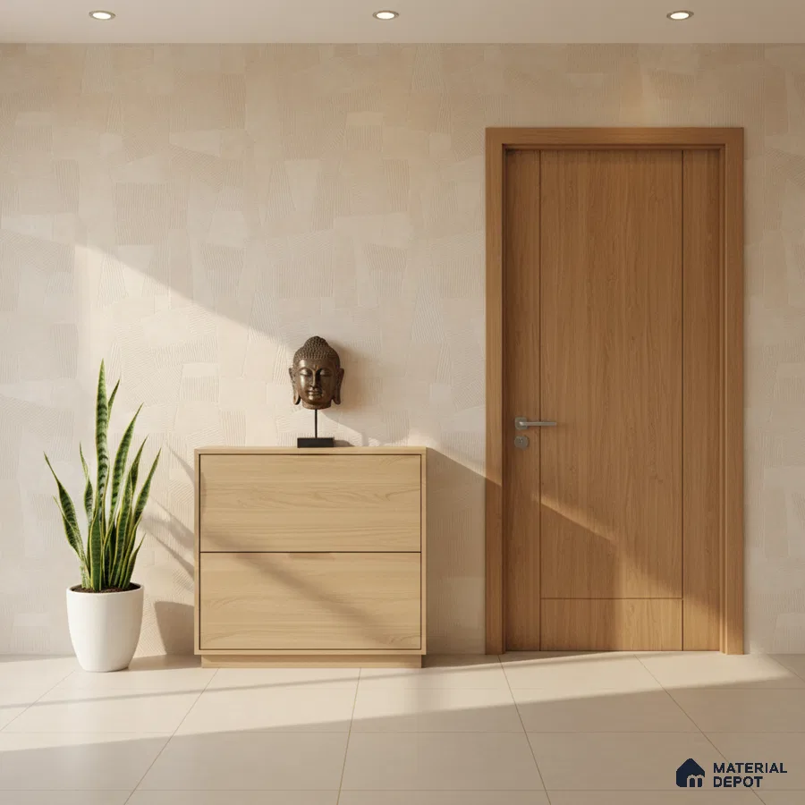 Minimalist foyer with light oak laminate, beige textured wallpaper, and cream floor tiles