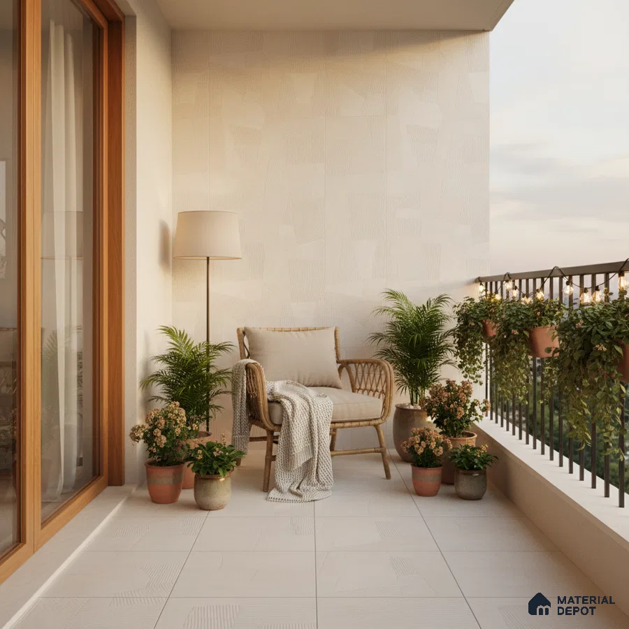 Scandinavian balcony with beige textured wall tiles, light ceramic floor tiles, and natural rattan seating